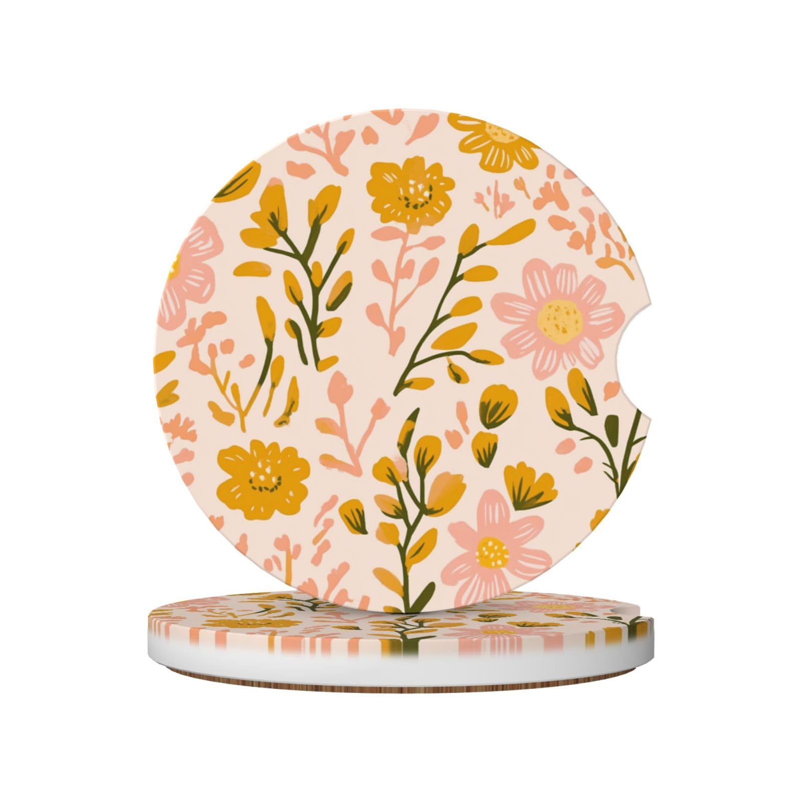 Retro Pink Yellow Flower Boho Cottagecore Ceramic Coasters,2pcs