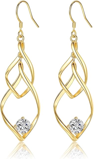 Sterling Silver Earrings for Women, Silver Drop Dangle Earrings with Cubic Zirconia, Double Linear Twisted Marquise Loops Wire Drop Dangle Earrings Jewelry Gifts (Silver, Gold)