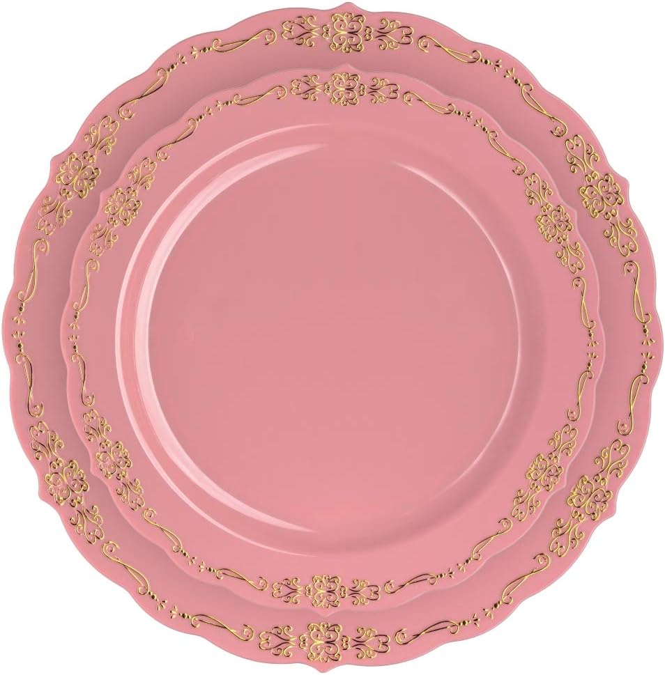 Exquisite 60 Pcs Disposable Plastic Plates | Victorian Design Premium Disposable Plates | 9 inch. Pink & Gold China Like Plastic Plates For Parties & Weddings