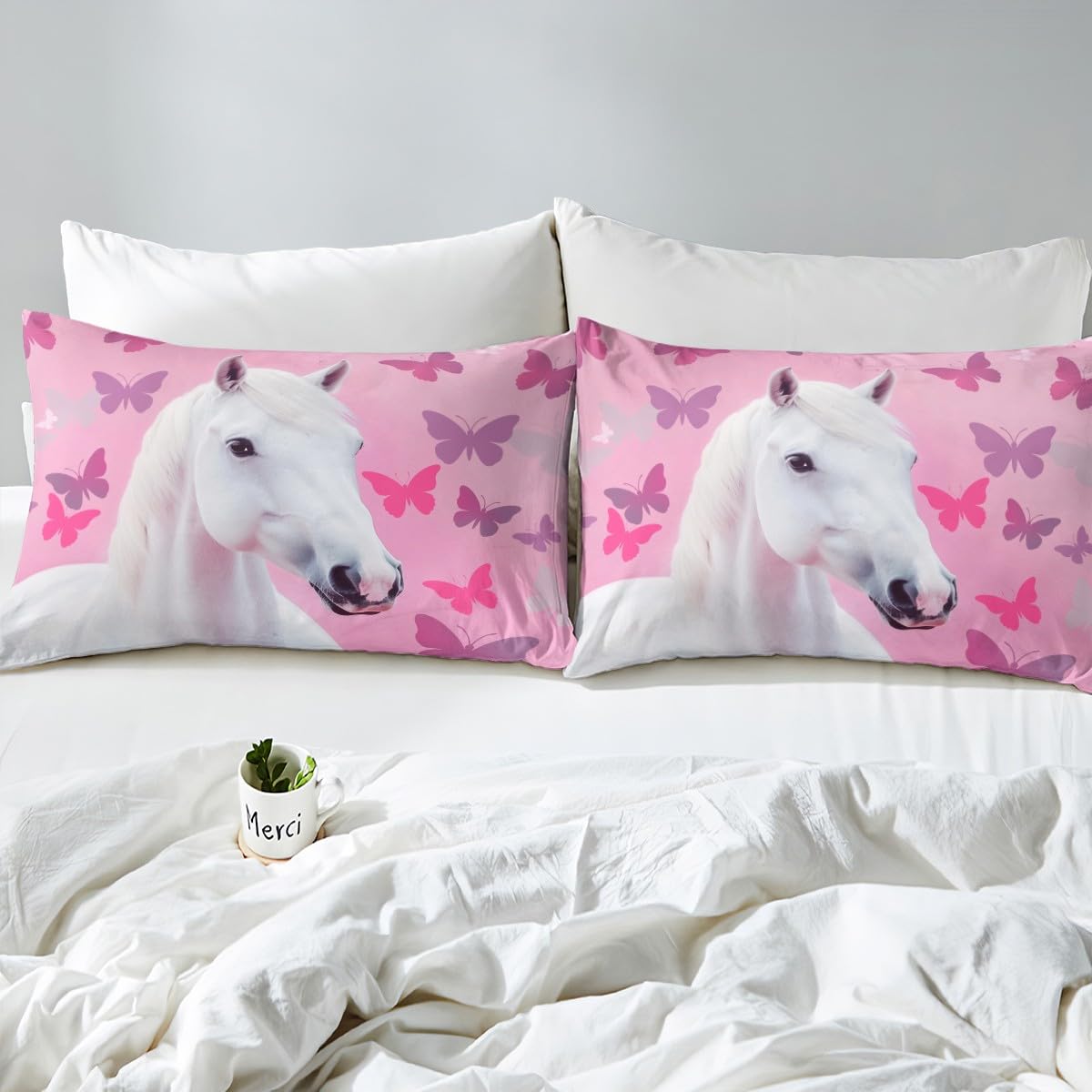 Homemissing Girls' Horse Duvet Cover Set Single Size Pink White Horse Printed Bedding Set Butterfly Flower Duvet Cover with 1 Pillowcase Children'S Women'S Animal Theme - Image 4