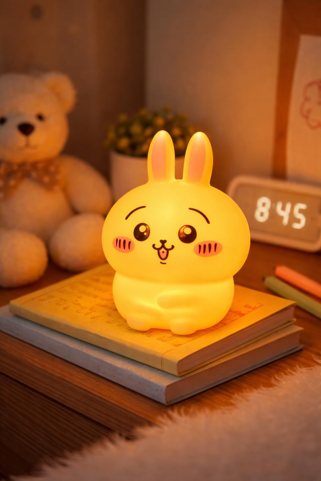 Cute Yellow Bunny LED Night Lamp for Kids, Soft Silicone Bedside
