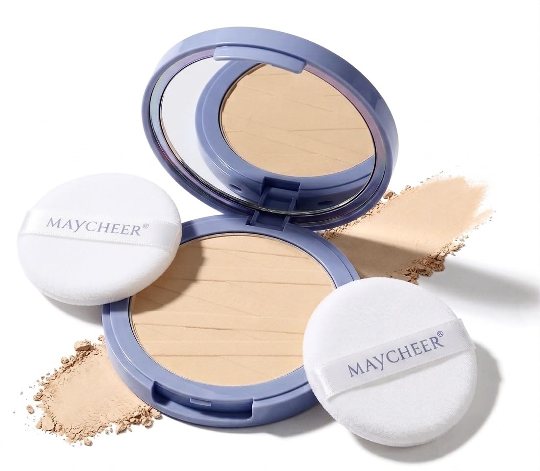 Oil Control Face Pressed Powder Compact with Mirror & 2 Puffs