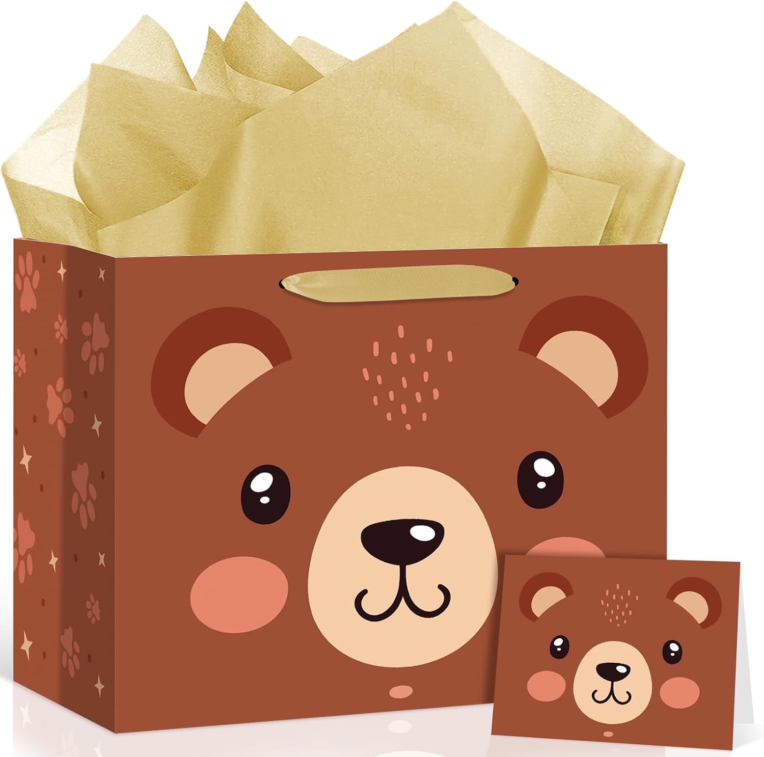 Peconal Bear Gift Bag for Kids Boys Girls Baby Shower Bear Print Birthday Gift Wrapping Paper Bag with Greeting Card for 1st 2nd 3rd Baby Shower Birthday Decorations Party Favors Supplies Brown