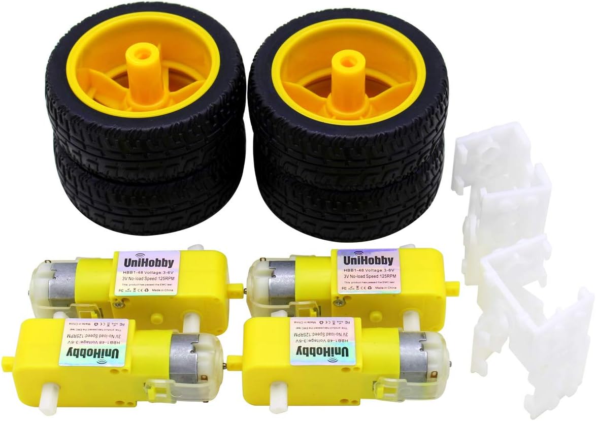 UniHobby 4 DC Motor Robot Wheels 3-6V Biaxial TT Motor with Plastic Tire, Motor Support/Bracket for Arduino DIY Robot Smart Car Compatible with Lego Raspberry PI