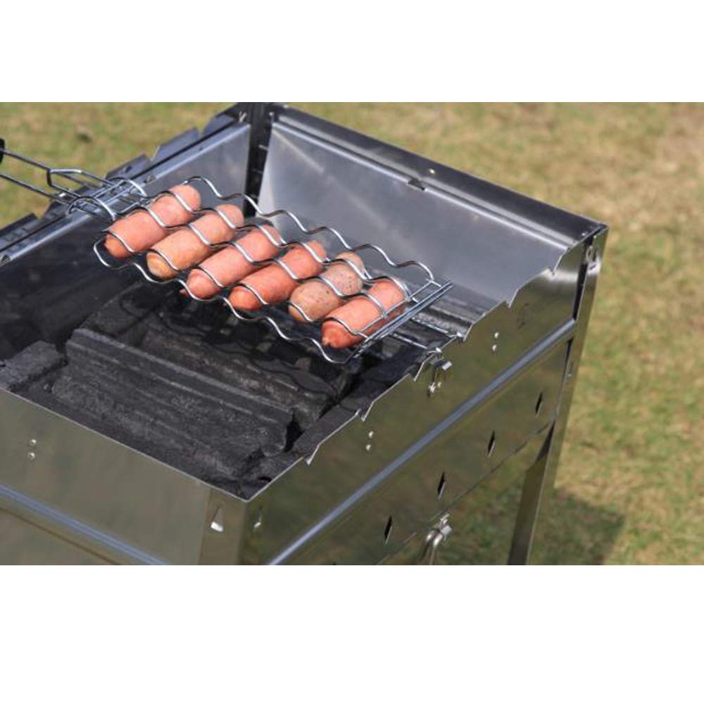 Griglia Porta Salsicce Per Barbecue - Cestello Metallico Per Griglia 55x12x3 Cm, Adatto Per 6 Hot Dog E Verdure, Manico In Legno Pieghevole