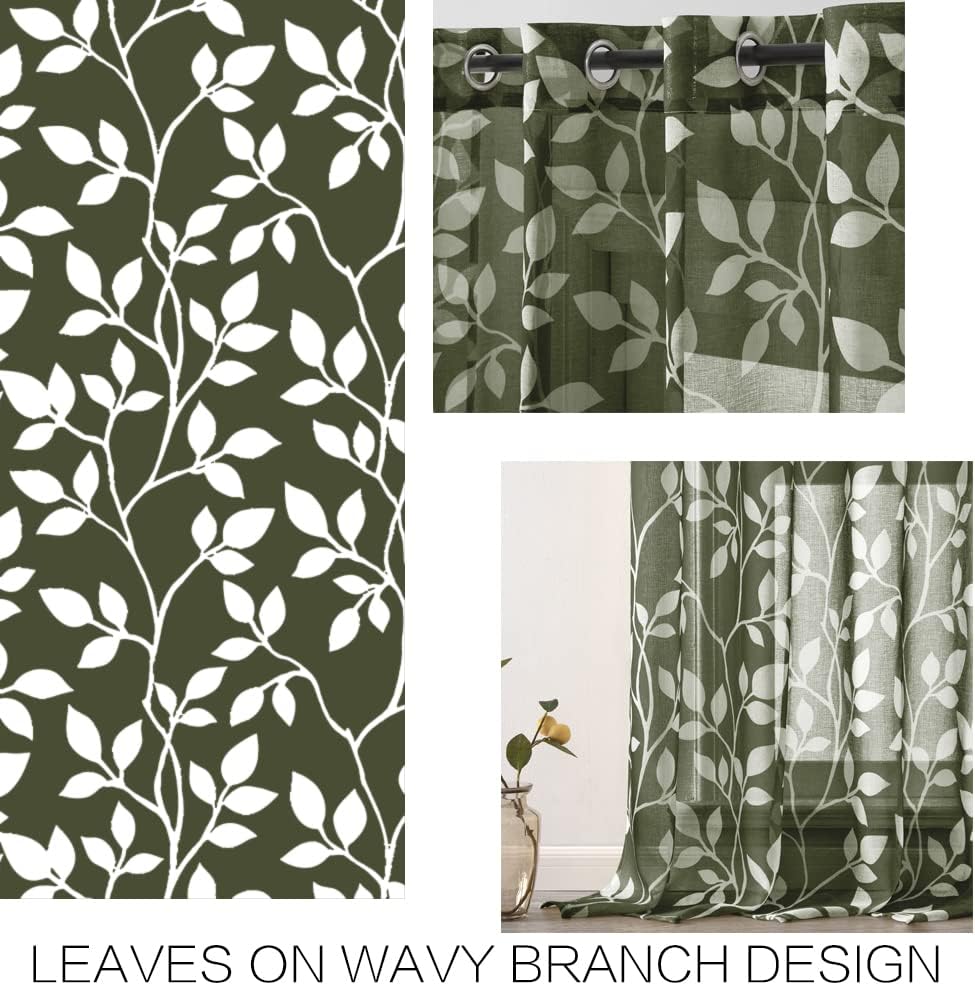 XTMYI Dark Green Curtains for Bedroom Living Room,Nursery Decor Dinosaur Theme,Sheer Tropical Jungle Botanical Curtains for Dining Room Sunroom Office,63 Inch Length 2 Panels,Olive Green