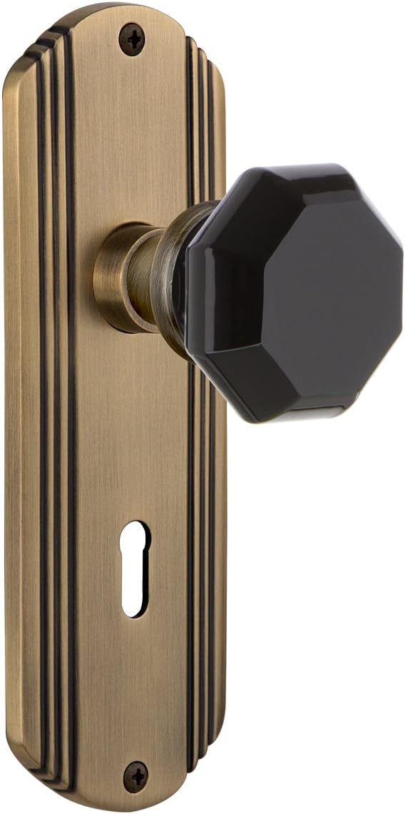 Nostalgic Warehouse 722775 Deco Plate Waldorf Black Door Knob in Antique Pewter, Single Dummy with Keyhole