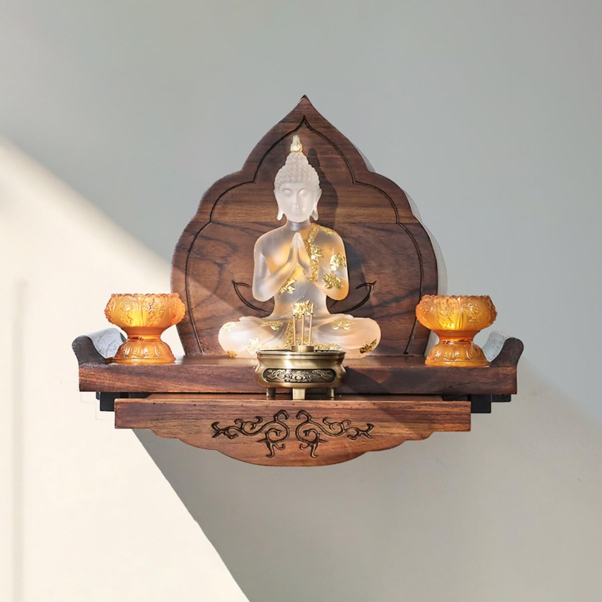 Armadietto da altare buddista da parete, in legno massello, tavolo per incenso e preghiera, scaffale da parete versatile per pratiche spirituali