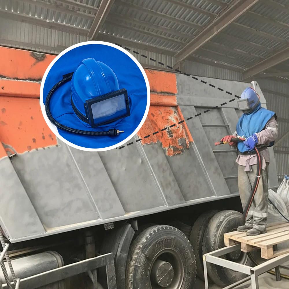 Capucha profesional azul para chorro de arena, 1 lente reemplazable, casco de chorro de arena a prueba de polvo, se adapta a trajes de protección. Ideal para chorro de arena, pulverización