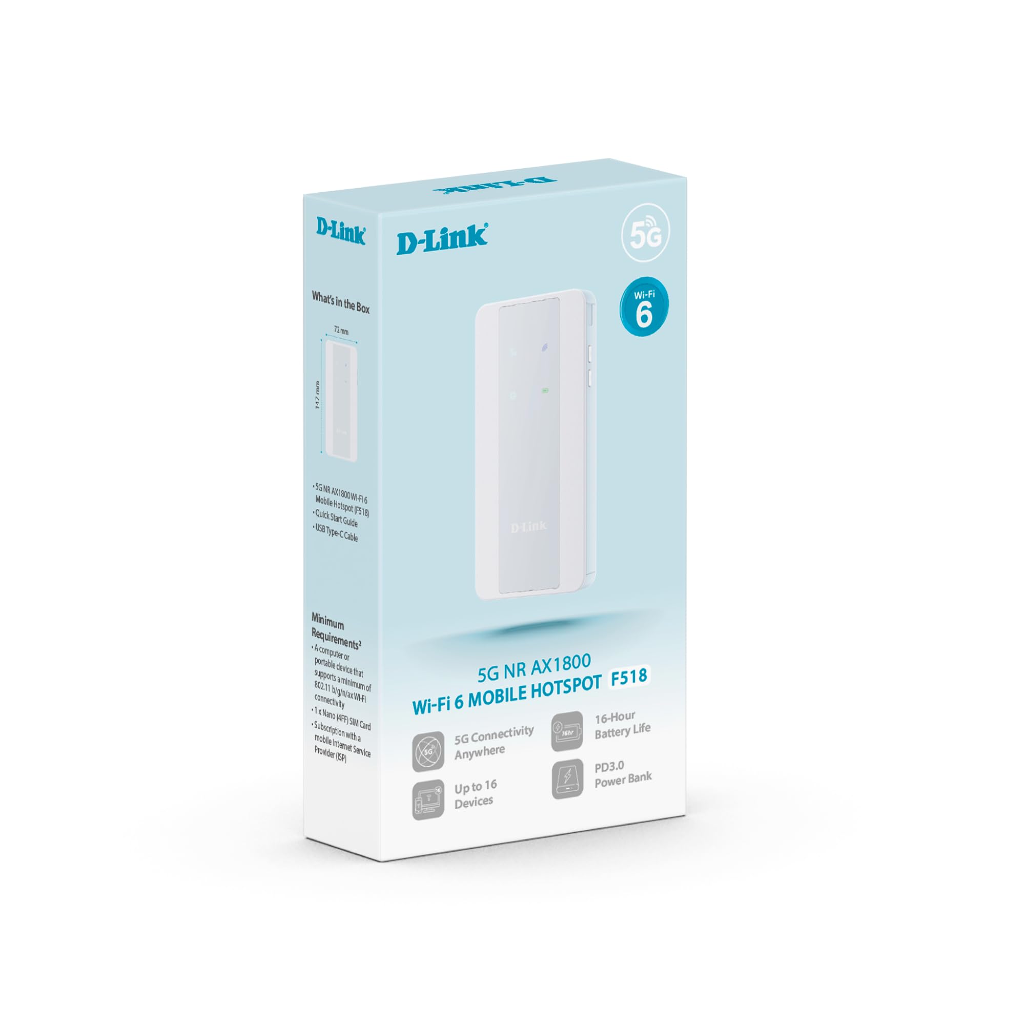 D-Link F518 Hotspot Mobile 5G NR AX1800 Wi-FI 6 – Routeur 5G Portable avec Fonction Power Bank, Batterie Longue Durée, Wi-FI Double Bande, Sécurité WPA3
