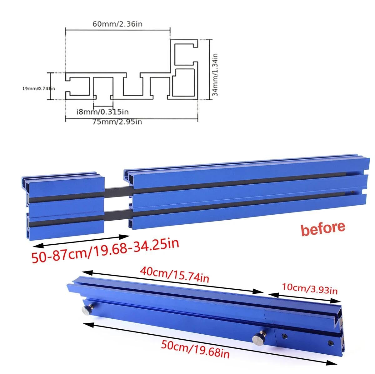 Valla de perfil de carpintería tipo 75, vallas telescópicas de aluminio, de calibre de inglete, 50-87 cm, longitud ajustable