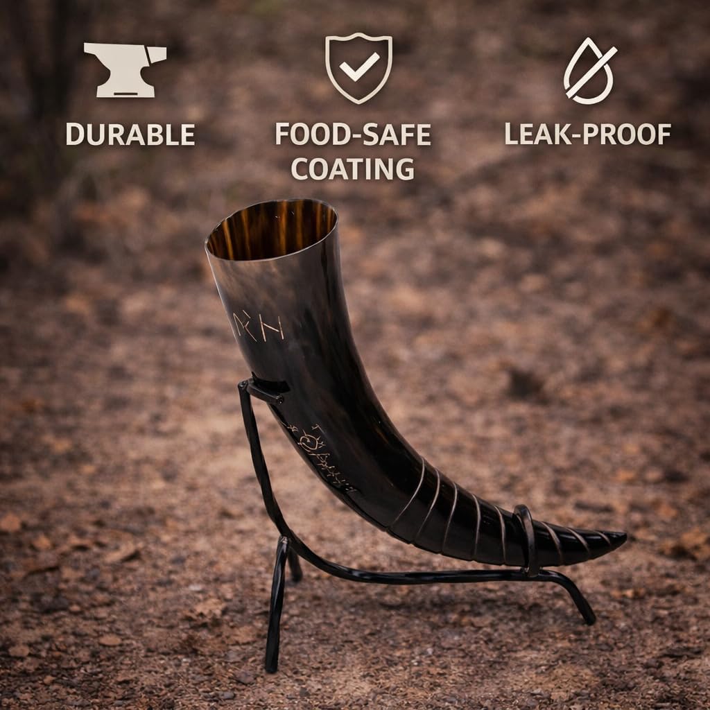 Divit Genuine Viking Drinking Horn with Iron stand | Authentic Medieval Beer Drinking Horn | Brass Adornments & Burlap Gift Sack Included | 16 oz capacity (Rune Horn & Swirl Horn Opener)