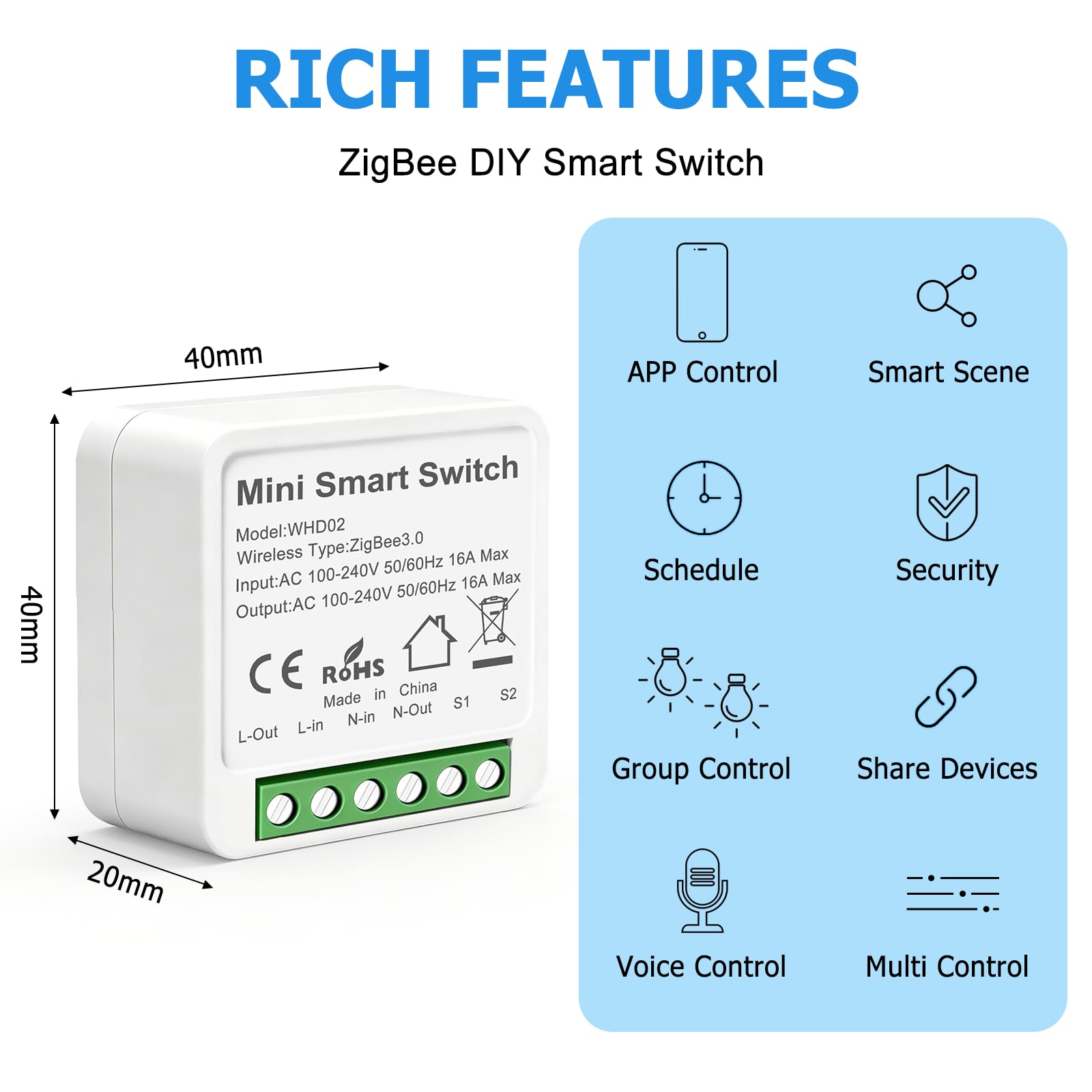 Zigbee Interruptor Inteligente Requiere Neutral,inteligente Interruptor luz | Mini Smart Switch Rele Modulo compatible con Alexa & Google y Tuya/Smart Life, Requiere Pasarela Zigbee
