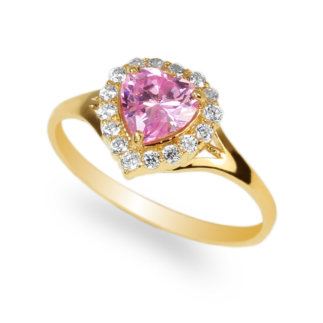 JamesJenny Ladies 10K Yellow Gold Stylish Halo Solitaire Ring with 0.8ct Heart Pink CZ Size 4-10