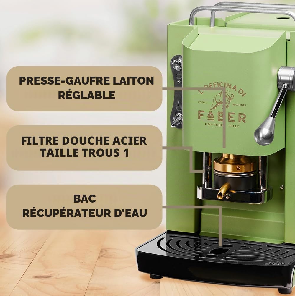 FABER COFFEE MACHINES | Modèle Pro Deluxe | Machine à café à dosettes ese 44mm | Finition Chrome | Pressacialda en laiton (Acid Green)