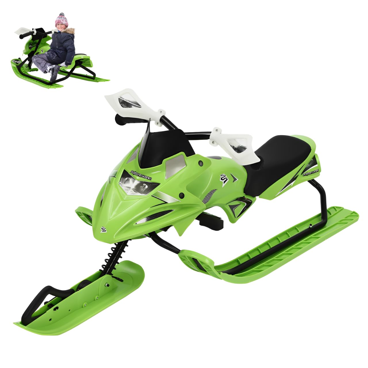 Trineo con 2 frenos de pie, trineo de dirección para niños, cojín ajustable (3 velocidades), cuerda de tracción automática (longitud: 80 cm), capacidad de carga de 80 kg para niños a partir de 3 años