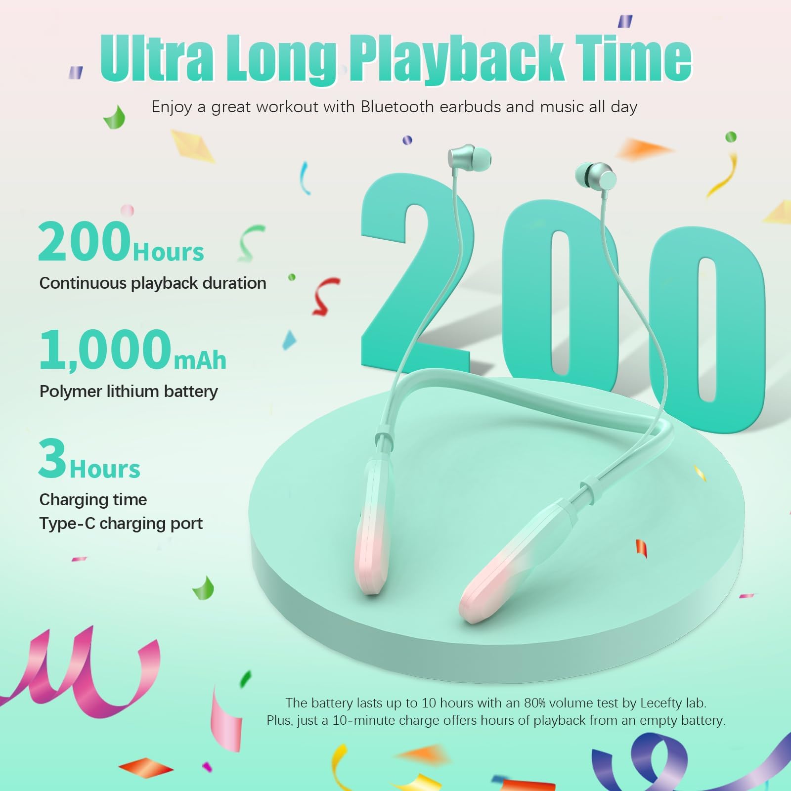 Lecefty Neckband Bluetooth Headphones - 200H Playtime, Waterproof, Balanced Armature Drivers (Pinkish Green)