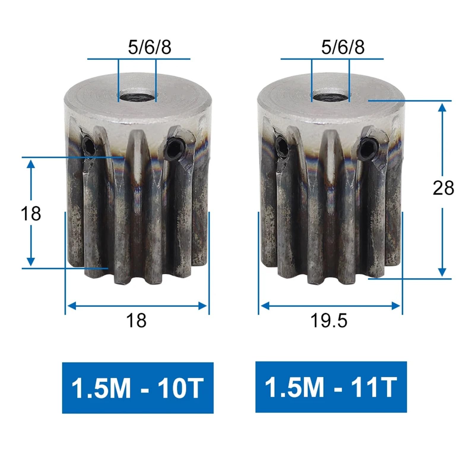 Engrenage droit 1,5 m, 8 dents, 9/10/11 dents, acier au carbone avec trou intérieur en métal de 5/6/8 mm, 1 pièce(8 mm,10 Teeth)
