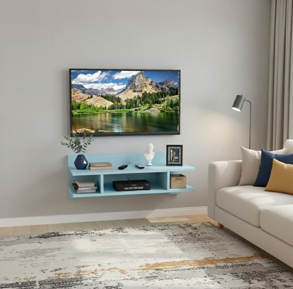 Image of Engineered Wood Set Top Box Stand | Wall Mounted TV Unit Shelf for Router, WiFi, DVD, Gaming Console | Sturdy & Space Saving TV Accessory Organizer (Brown, 50 x 20 x 15 cm) (Sky Blue)