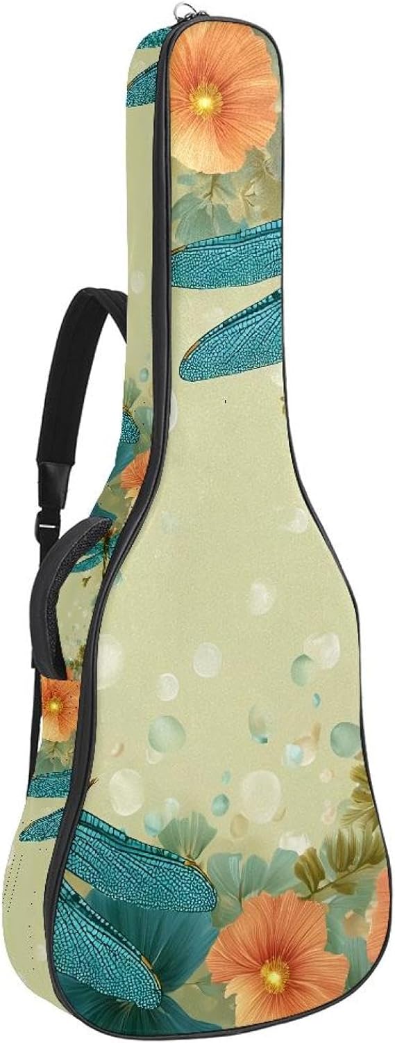 40 41 42 Inch Acoustic Guitar Bag, 0.4 In Thick Sponge Padded Guitar Case Gig Bag with Back Hanger Loop and 2 Pockets, Dragonfly and Flowers Background