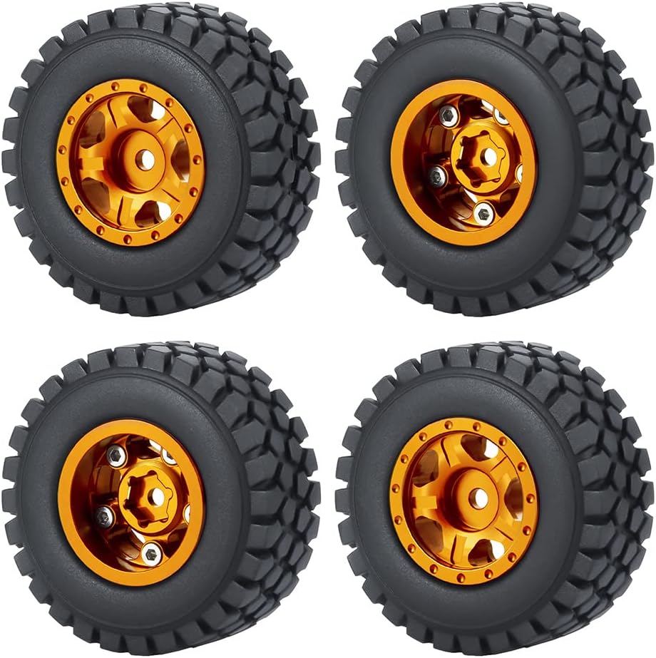 RC Beadlock Wheels and Tires 4Pcs 1.0" Micro Crawler Tires for Axial SCX24 90081 Deadbolt 1/24 RC Crawler Car (Orange, 50mm)