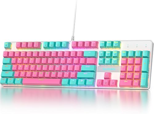 Teclado mecánico de tamaño completo, teclado cremoso con teclado numérico, teclado para juegos con cable de 104 teclas, teclado rosa con interruptor