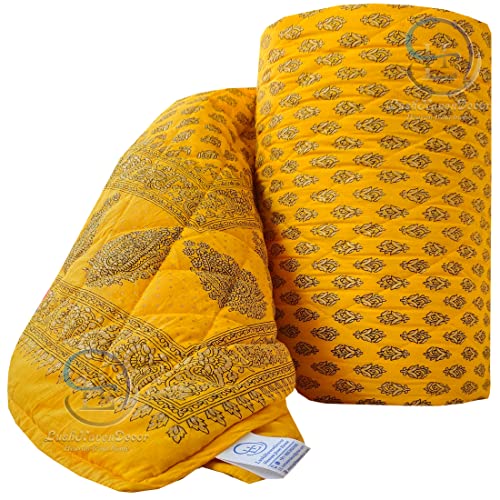 Image of Jaipuri Razai Single Bed Gold Print with Computerized Quilting Use as Soft and Breathable Cotton Comforter Quilt Rajai Blanket Dohar Size 55X85 inch Yellow Pack of 1