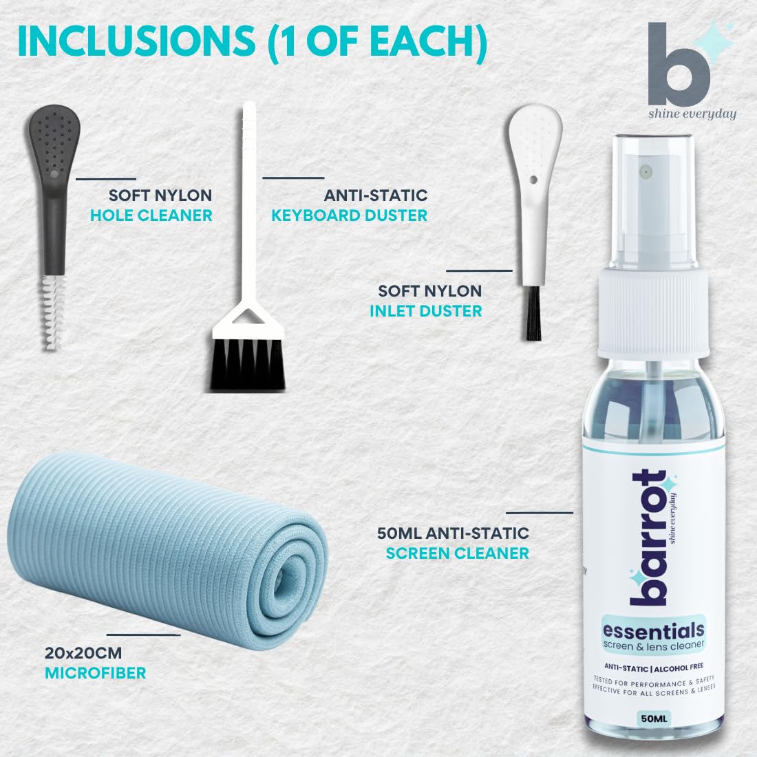 BARROT Essentials Mini Device Cleaning Kit | Includes 50ml Non-Alcohol Screen Cleaner, 3 x High-Precision Brushes & 20x20CM Plush Microfiber - Image 6 thumbnail