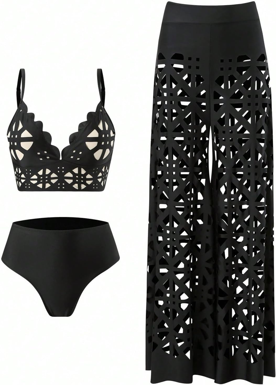 WDIRARA Women's 3 Piece Swimsuit Hollow Out Bikini Set with Cover Up Pants - Image 4