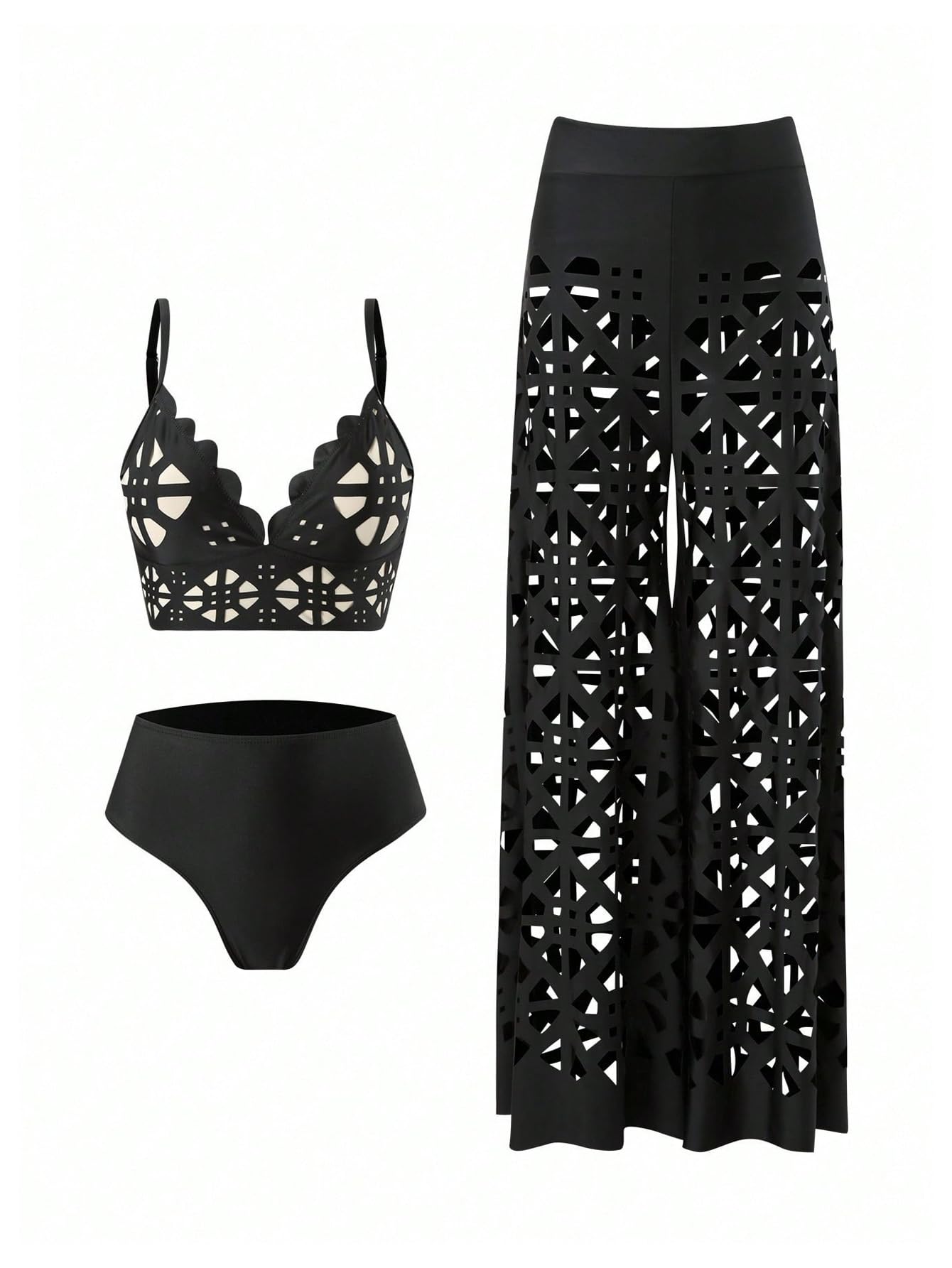 Traje de baño de 3 piezas para mujer, conjunto de bikini hueco con pantalones de cobertura, color negro, talla M