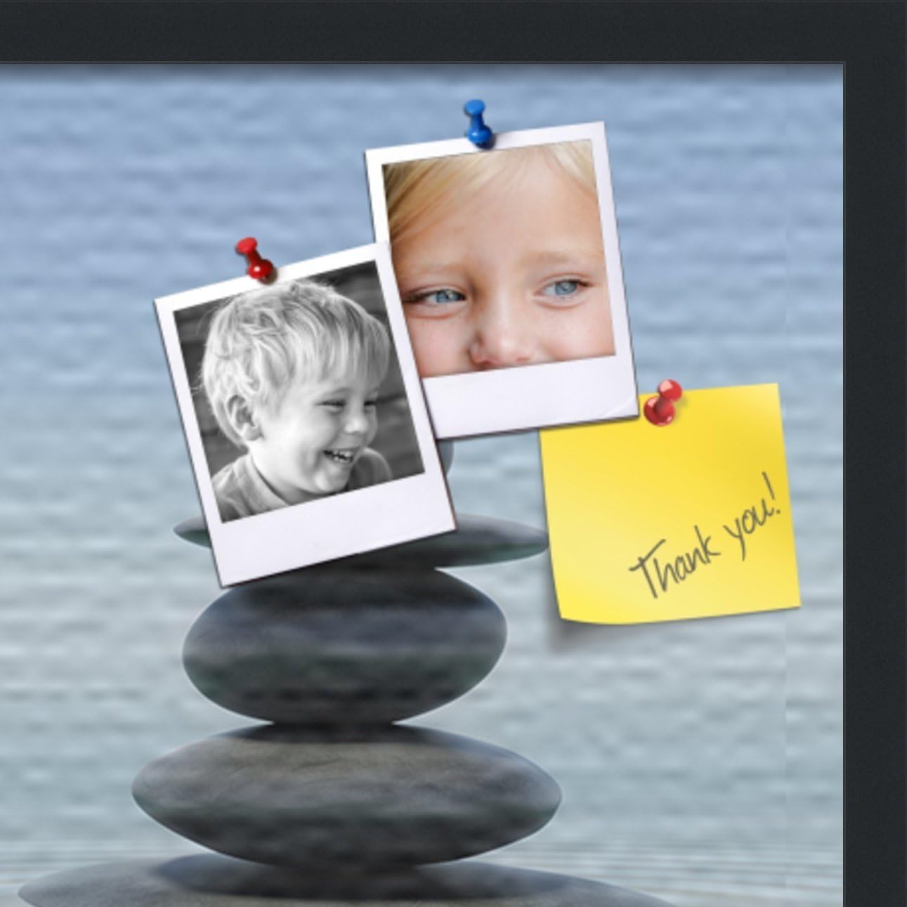 PinPix Custom Printed pin Cork Bulletin Board Made from Canvas, Tranquil Water Stones 24 x 18 Inches (Completed Size) and Framed in Satin Black (PinPix-43)