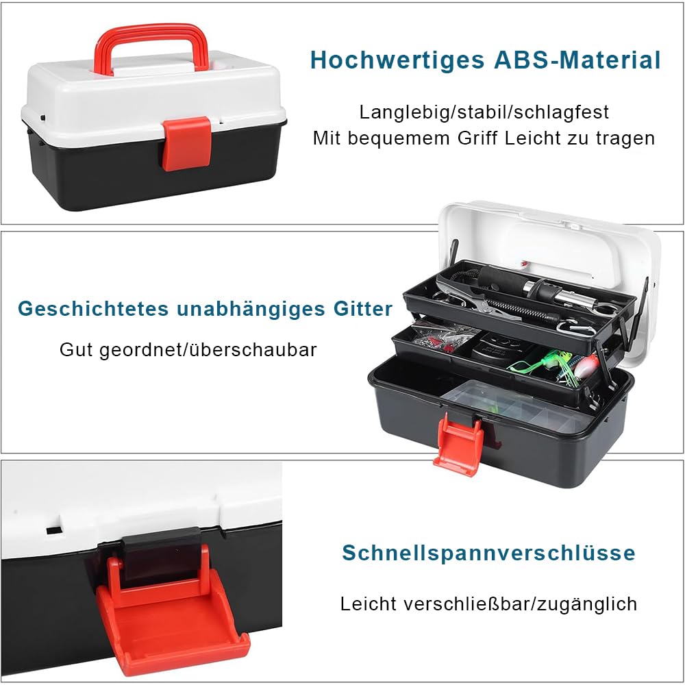 213 PCS Angelzubehör Set mit Lippenclips, Angelwaage，Hakenentferner, Haken, Angelköder etc,Angelkasten Set für Barsch und Forellen, 3-Regal Angelkoffer mit Zubehör für Kinder Erwachsene Anfänger