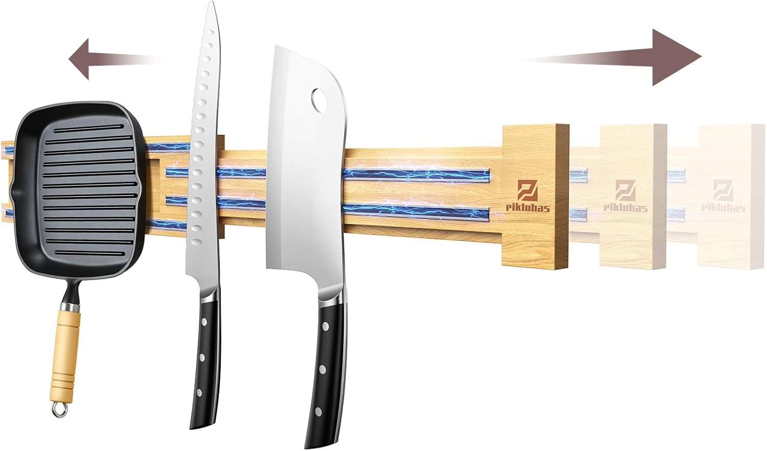 Extendable 32Inch Magnetic Knife Holder for Wall with Screw & Adhesive Mounting, Wood Magnetic Knife Strip from 16 to 32 Inch for Knife Bar, Knife Holder, Kitchen Utensil Organizer or Tool Room