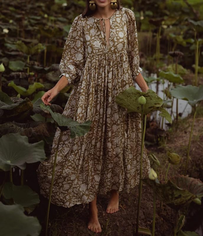 Women's Boho Floral Maxi Dress Puff Sleeve V-Neck Loose Fit Tiered Sundress S/M/L Pink All Seasons Casual Dress2