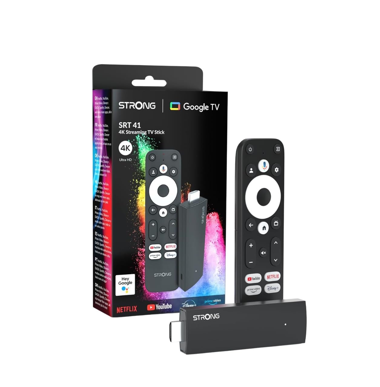 STRONG - Streaming Box Android TV 4K UHD - SRT41 - Google TV HDMI Key - Chromecast Built-in - Compatible con la Asistencia Vocal Google - Dolby Atmos - Fácil de Instalar - Formato Stick - Negro
