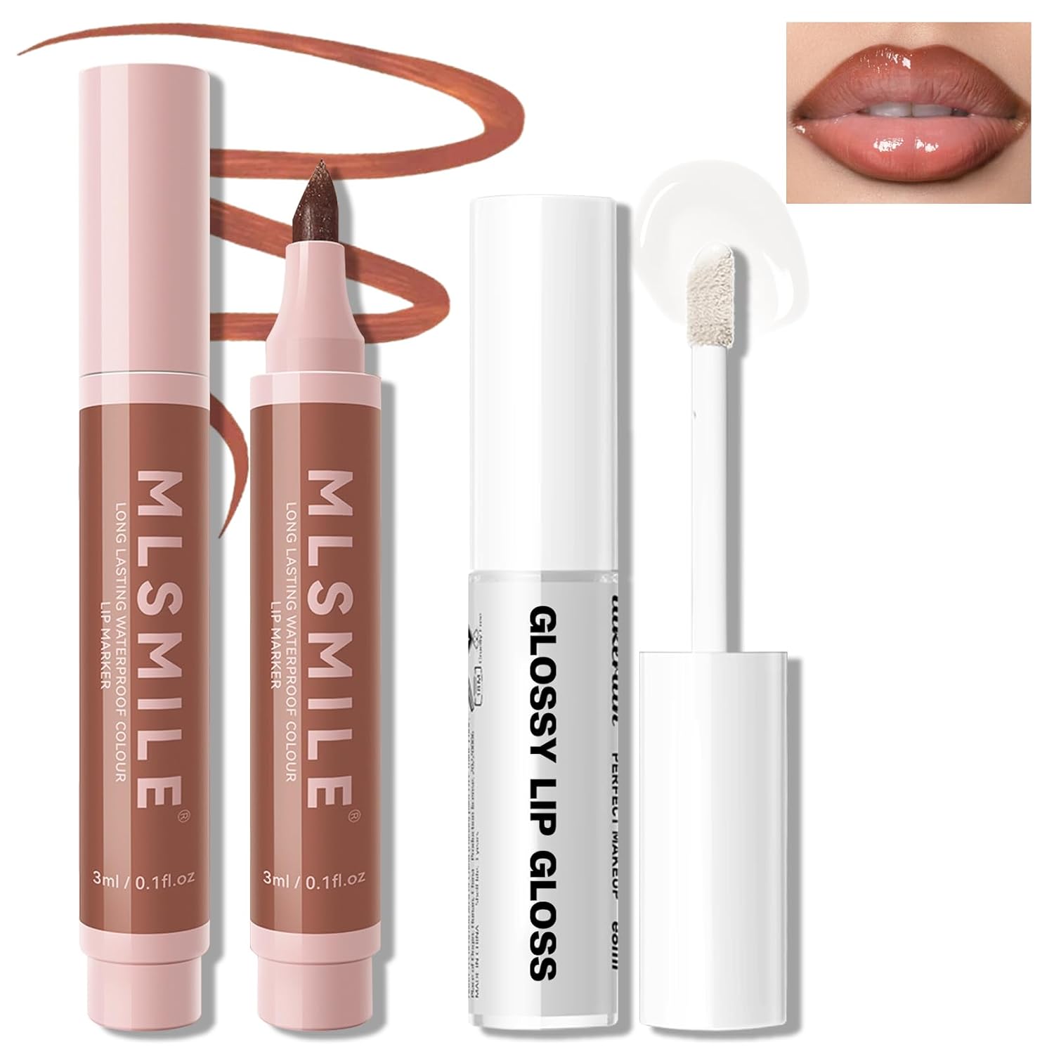 Lip Liner Marker Pen, Lip Stain Liquid Lipstick Set, Waterproof and Long Lasting Nude Lip Liner and Clear Lip Gloss Combo, Non-Stick Cup Nourishing Lip Makeup