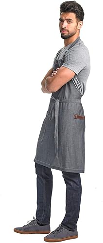 Miniatura 8 de Mercer Culinary Metro Edge Renegade - Delantal con peto, color negro y correas de cuero marrón