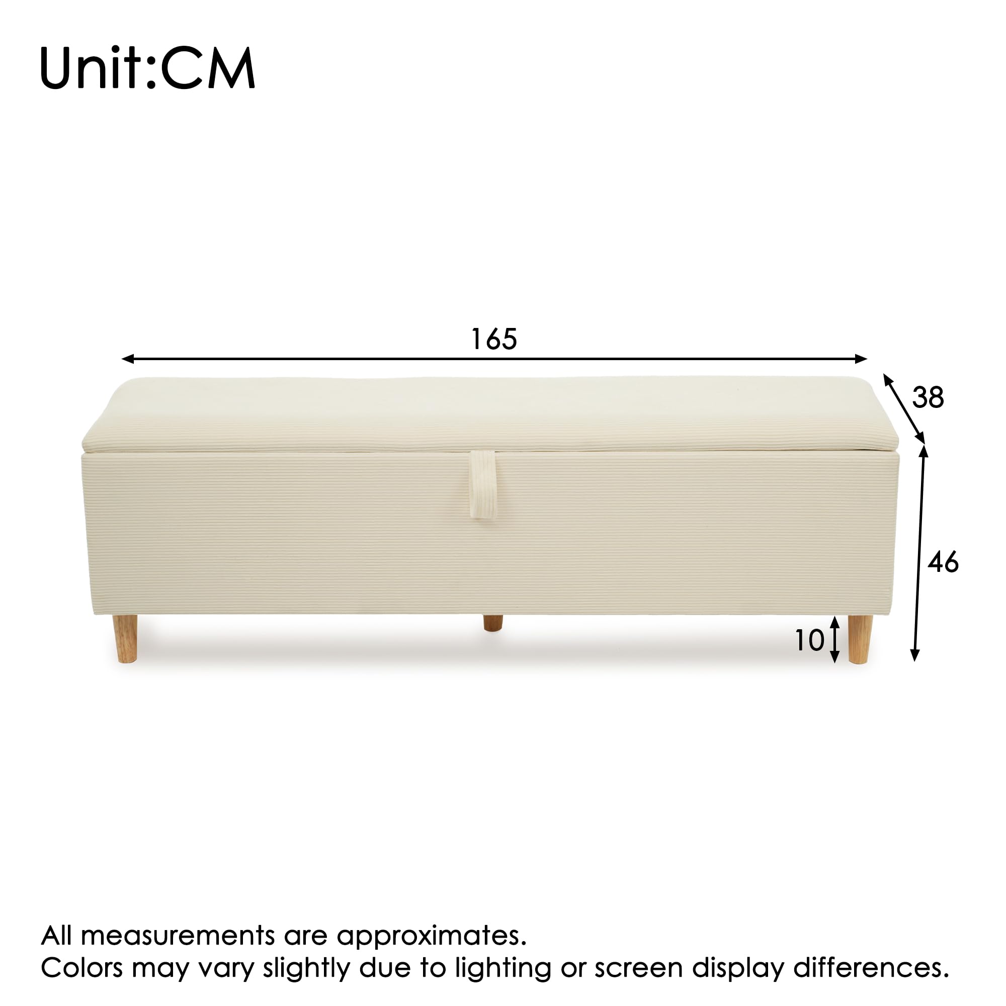 SACOOL Panca da letto con vano portaoggetti 165 x 38 cm, con vano portaoggetti idraulico, adatta per camera da letto, soggiorno e corridoio, effetto velluto a coste beige.