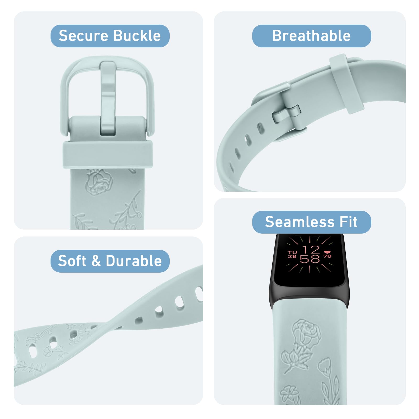 Tobfit Flower Pattern Strap compatible with Fitbit Luxe Straps for Women Men Fashionable Soft Silicone Engraved Replacement Watchband (Nude green,Small for 140mm - Image 4