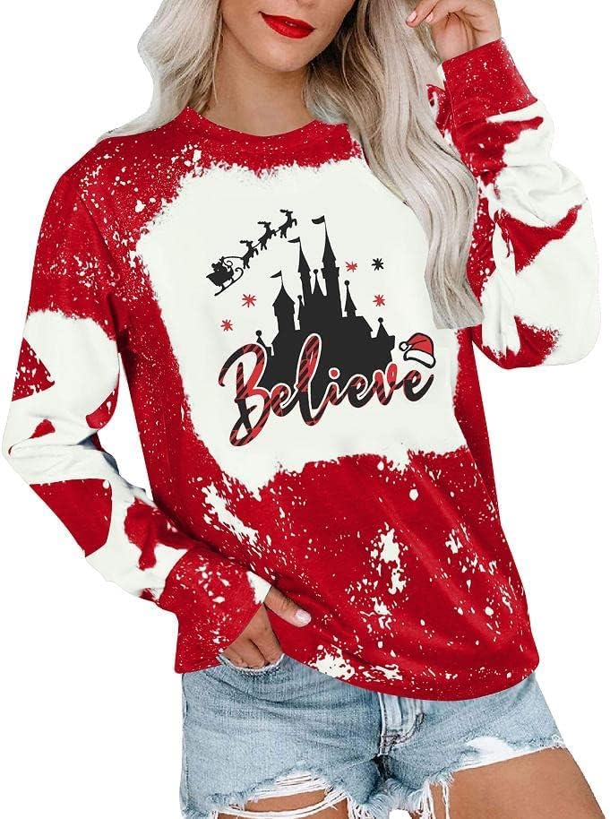 MOUSYA Believe Christmas Shirts for Women Believe Santa Hat Graphic Sweatshirt Christmas Bleached Shirt Holiday Party Tees
