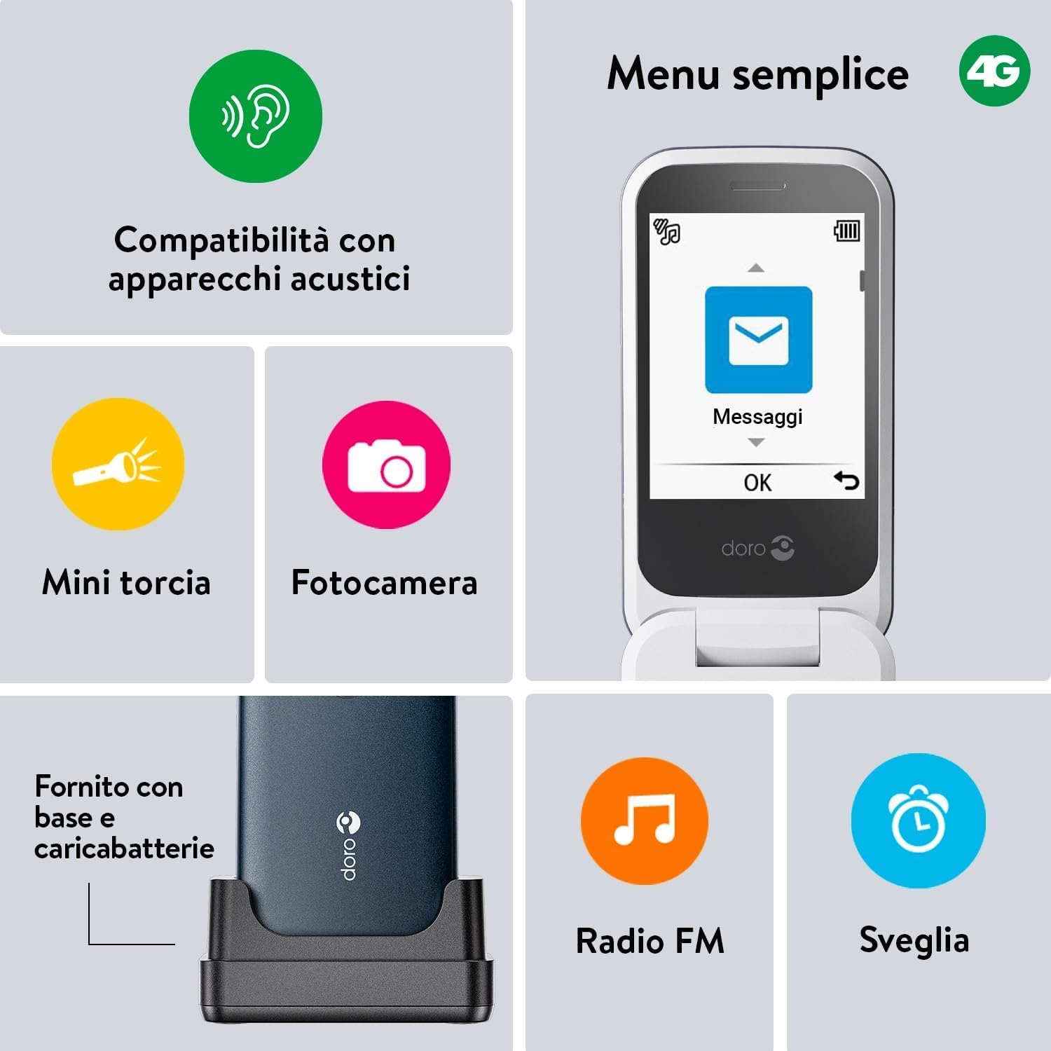 DORO - Doro 2820 - Cellulare Per Anziani - Cellulare a Conchiglia 4G sbloccato - Tasti Grandi a Risposta Vocale - Fotocamera - Bluetooth - Tasto Di Assistenza - Base Per Ricarica Inclusa