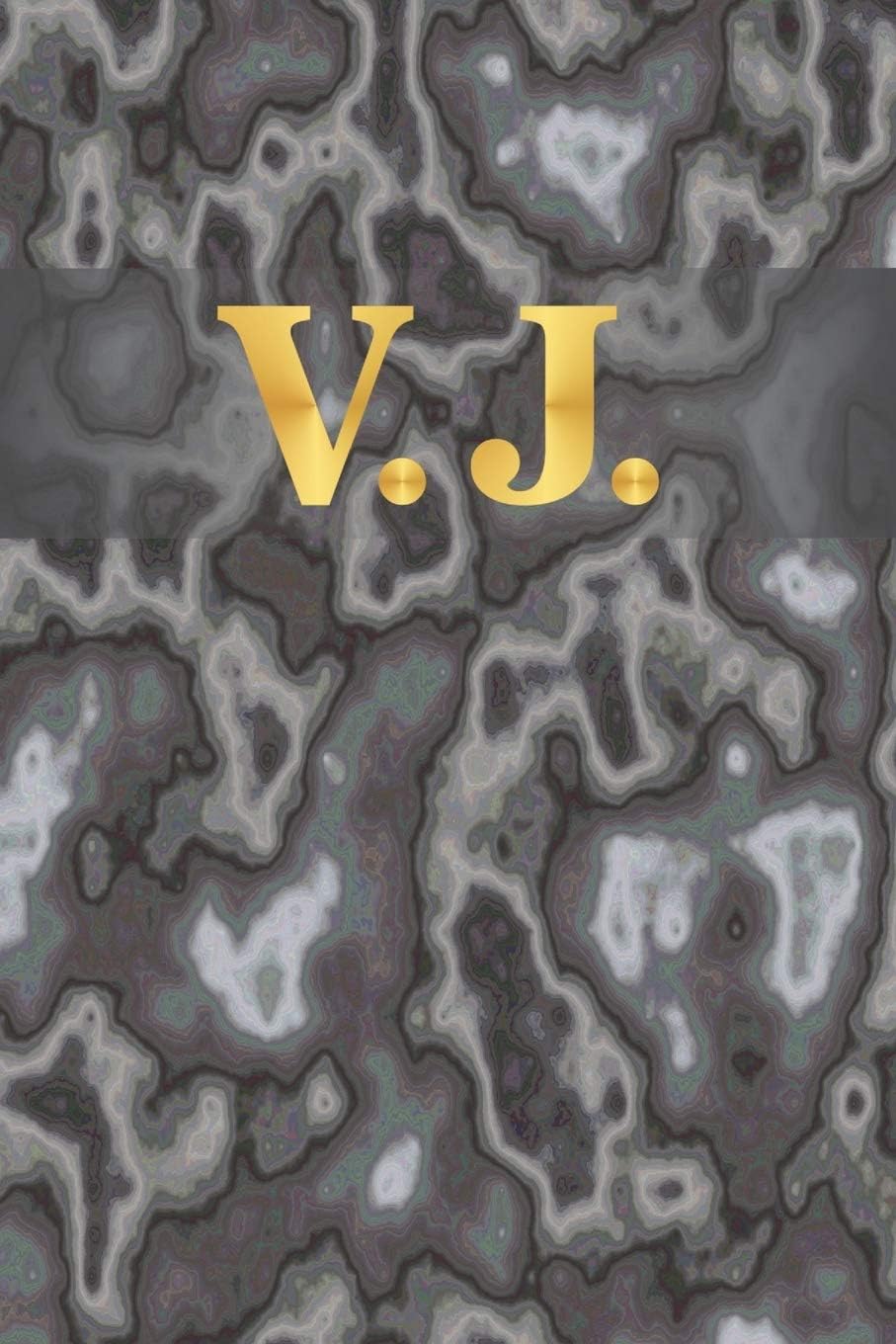 V.J.: 6" x 9" Executive Style Notebook with 100 Blank CREAM COLORED Lined Interior Pages. Gold Monogrammed Two Initials on Black Marble Matte Printed Cover.