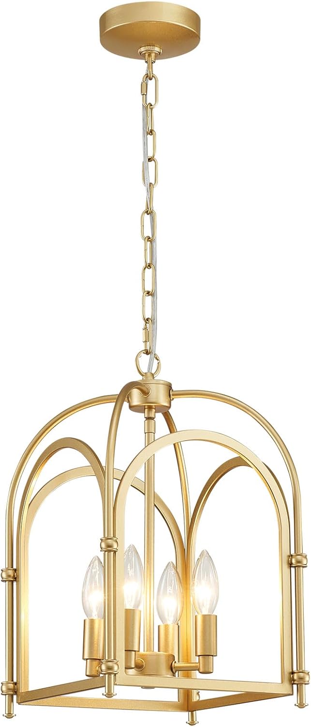 4-Light Chandeliers, Farmhouse Gold Chandelier for Dining Room Light Fixtures, Lantern Metal Kitchen Pendant Light Fixtures, Rustic Cage Chandelier for Bedroom Living Room Kitchen Island Hallway AJ-029-gold