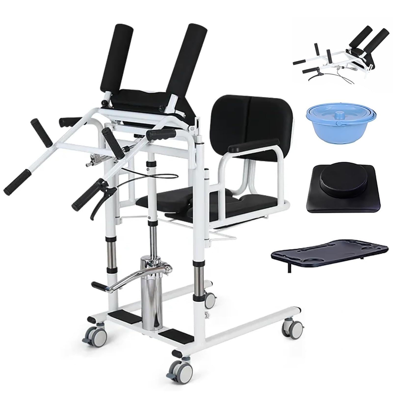 Silla elevadora de Pacientes 5 en 1 para Personas Mayores, cómoda con Asiento Dividido 180°/Silla Ruedas Ducha, Silla enfermería hidráulica Altura Ajustable, Marco Acero Resistente Black
