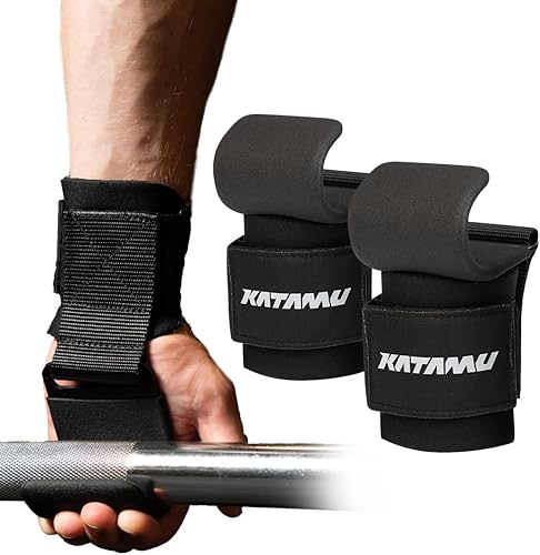 Katamu Ganchos para levantamiento de pesas (par), correas de muñeca de alta resistencia, soporte de agarre de mano para peso muerto, dominadas,