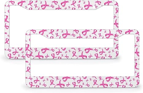 2 PCS Set License Plate Frame, Metal Aluminum Car Plate Frame Covers Breast Cancer Awareness Pink Ribbons White Car Tag Holder for Men Women Vehicle Accessory 12 x 6 Inch