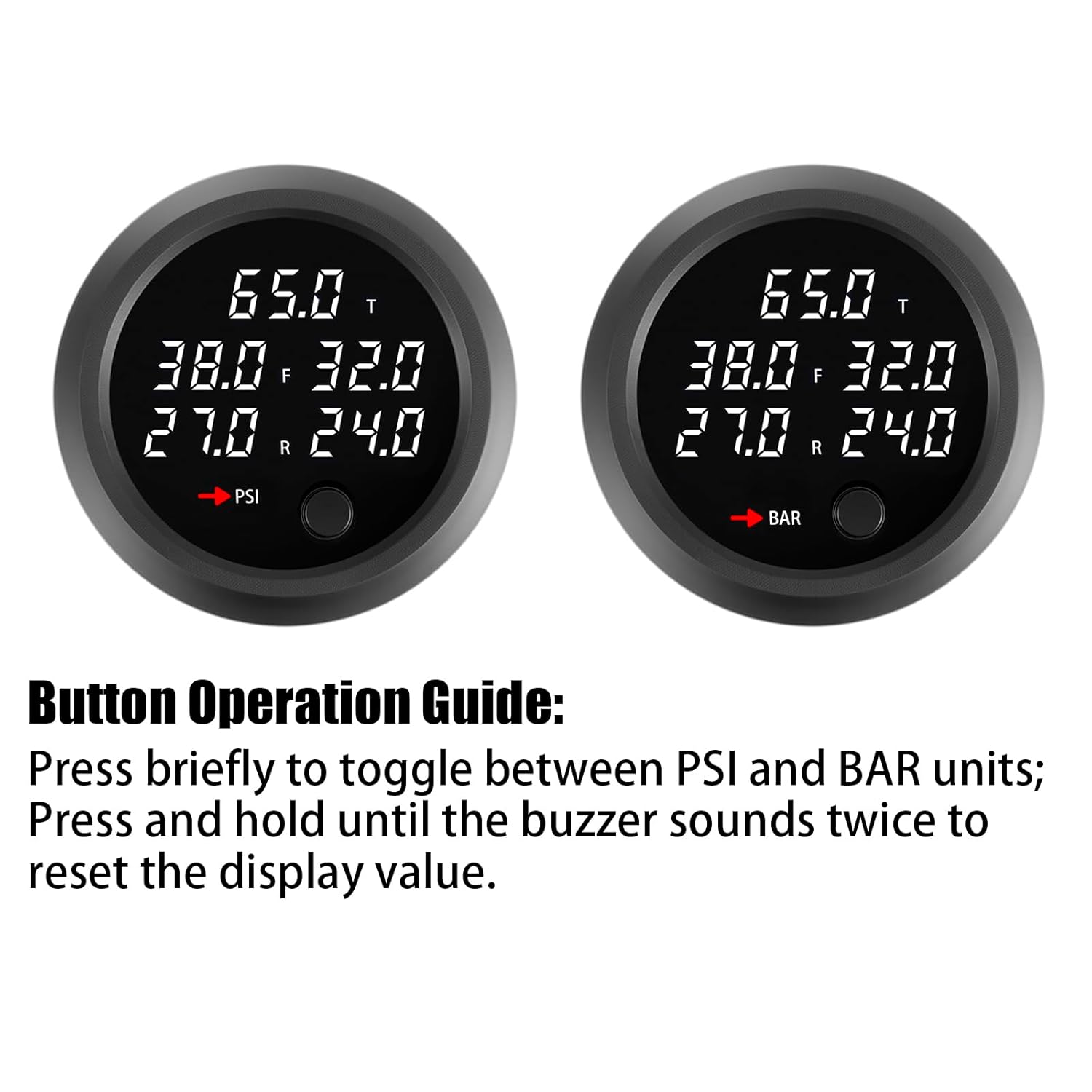 Air Bag Pressure Gauge Five Digital Display 0-232PSI (16BAR) for Air Ride Suspension System with 5PCS 1/8NPT Electrical Sensors with 1/8NPT to 1/4NPT Fitting 2-1/16" (52mm) White LED
