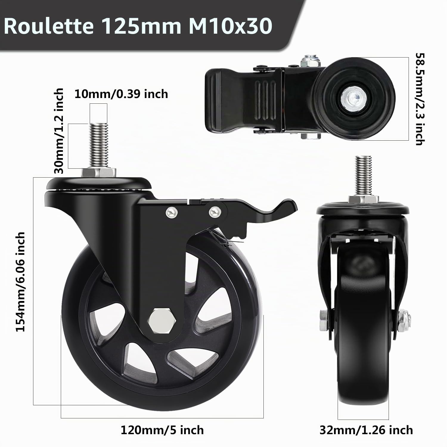 Roulette Charge Lourde avec Frein, 125MM Roulettes pour Meubles avec Tige Fileté M10x30mm Roulette Pivotantes À 360 Degrés, pour Tous Les Sols, 4 PU Roulettes Jusqu'à 650KG