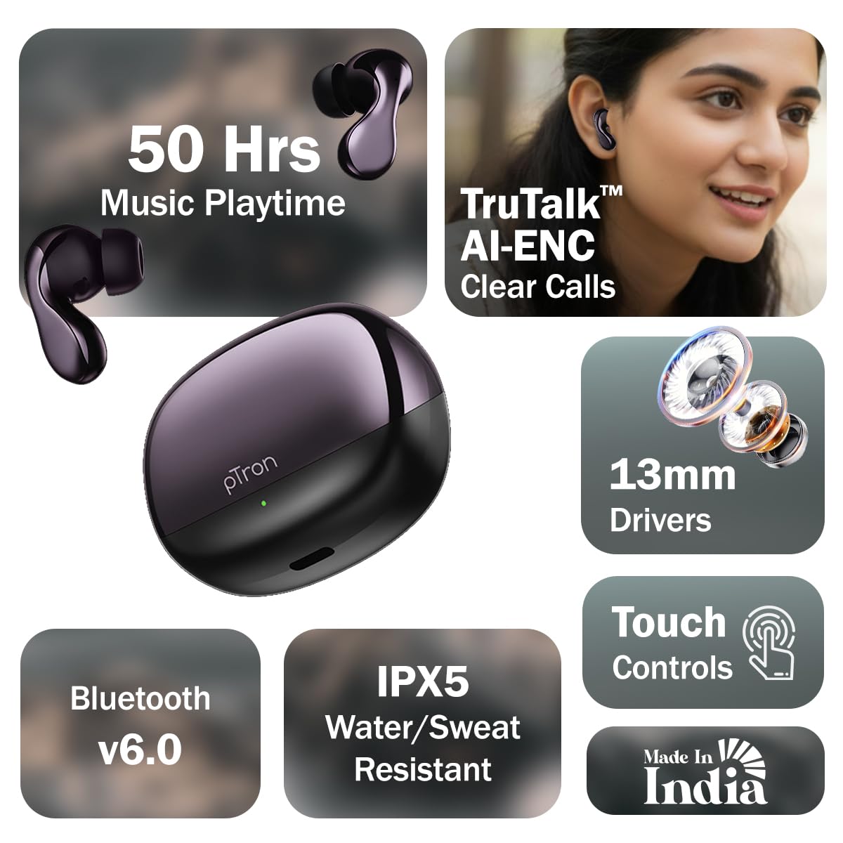 pTron Bassbuds Tango in-Ear TWS Ear Buds w/Custom EQ, 50hrs Playtime, Pristine Sound, Dual Mic, TruTalk ENC Calls, Mobile App,Wireless Bluetooth V6.0,Touch Controls,Type-C Charging, IPX5 (Nexua Black) — Amazon image 2