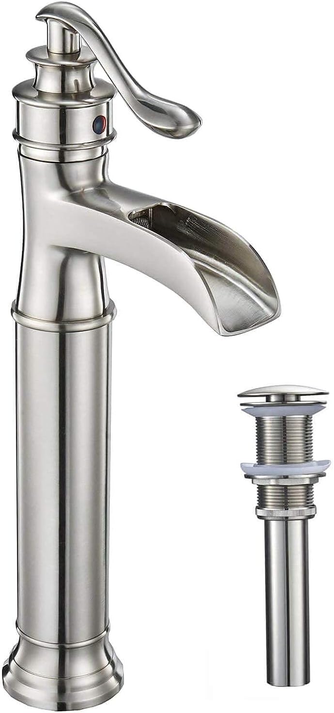 Homevacious Kitchen Sink Faucet with Pull Out Sprayer 3 Spray Modes Single Handle Singe Lever Bundle Brushed Nickel Vessel Sink Faucet Waterfall Single Handle Single Hole Lavatory Faucet